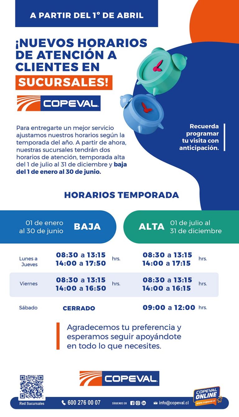Cambio de horario de atención sucursales Copeval